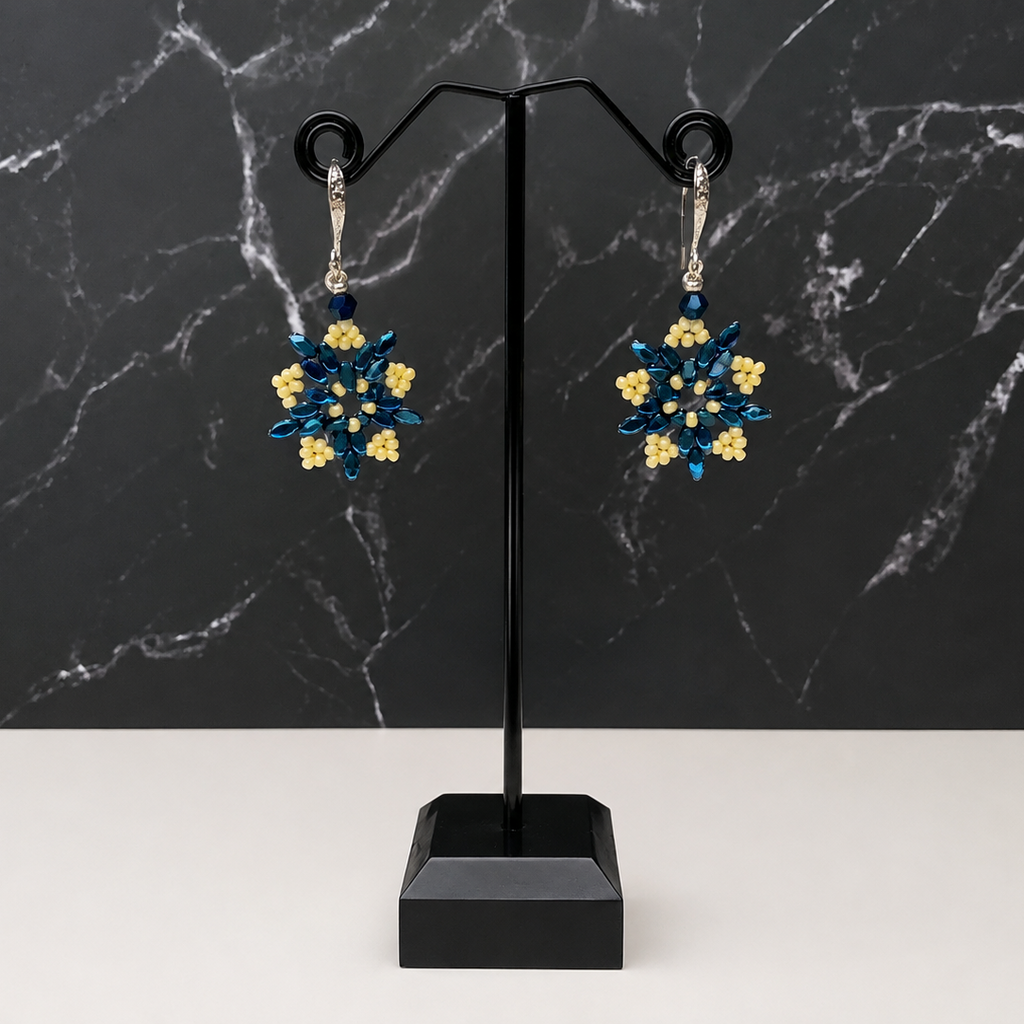 Blue & Cream Natural Hematite Winter Flower Earrings