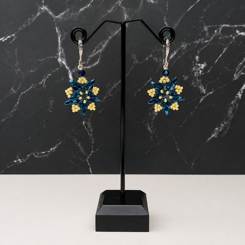 Blue & Cream Natural Hematite Winter Flower Earrings