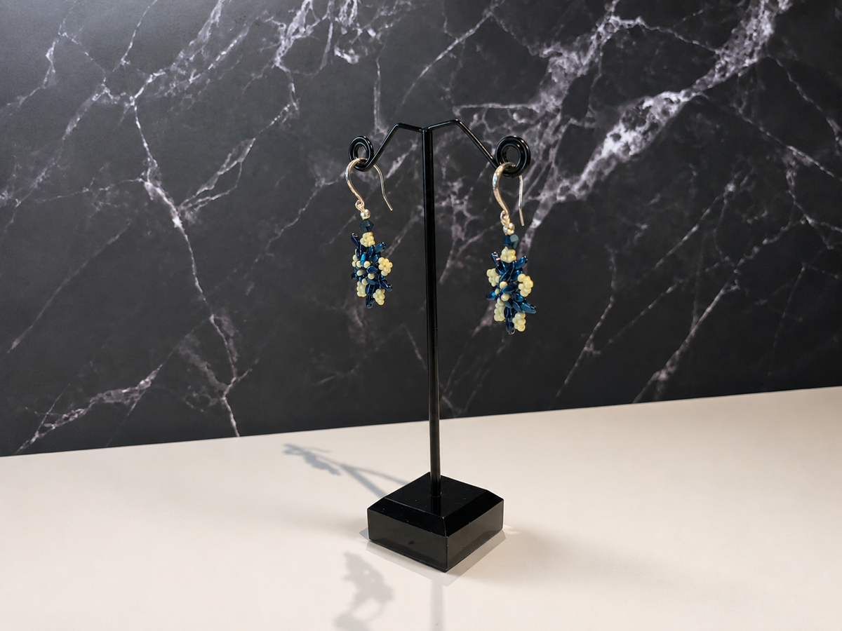 Blue & Cream Natural Hematite Winter Flower Earrings