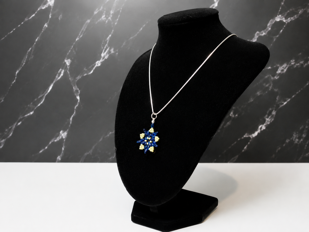 Blue & Cream Natural Hematite Winter Flower Necklace