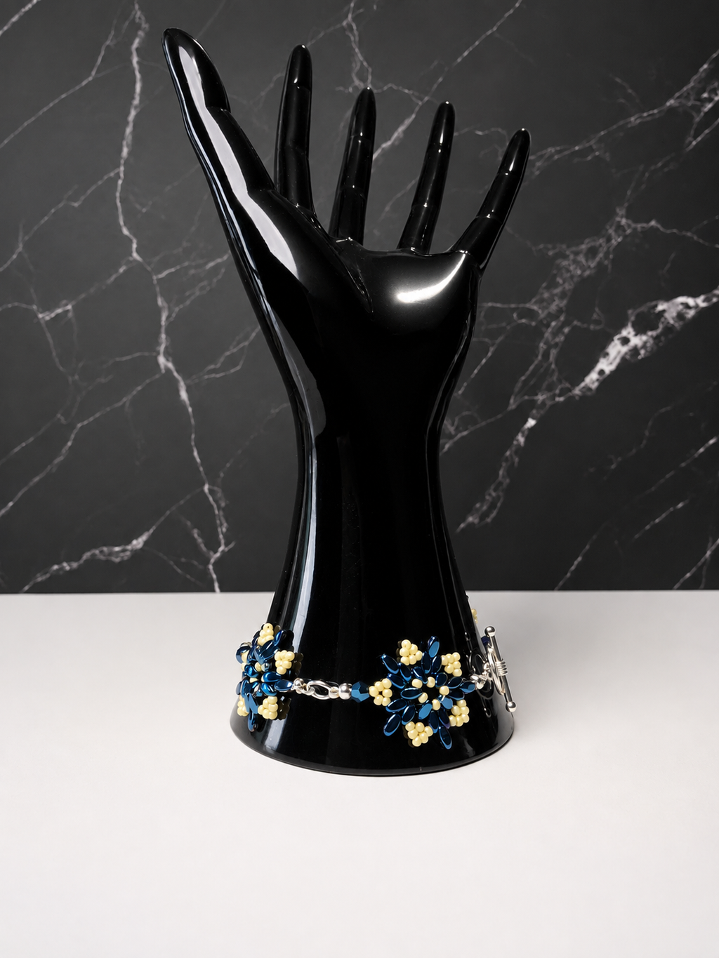Blue & Cream Natural Hematite Winter Flower Bracelet