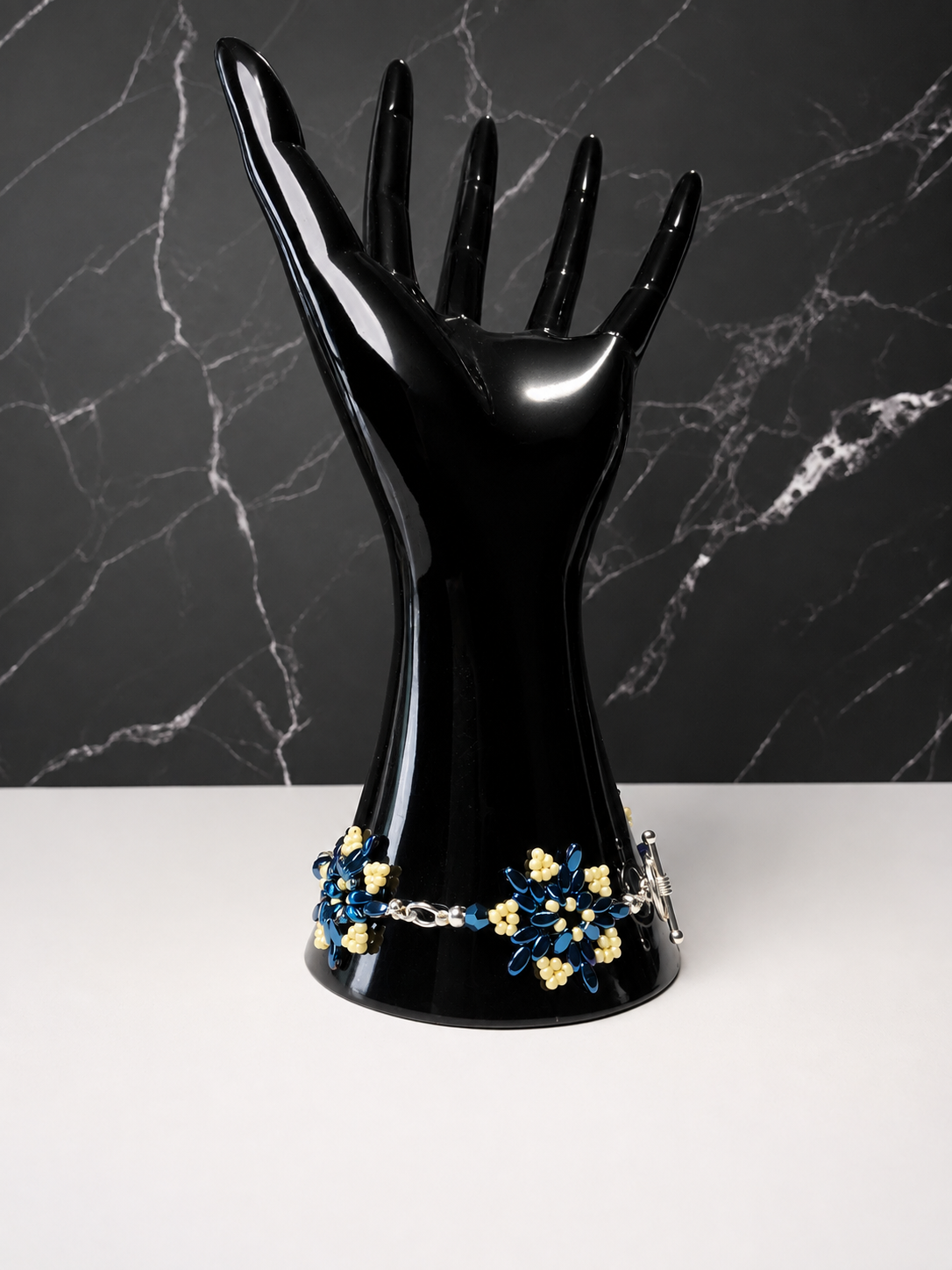 Blue & Cream Natural Hematite Winter Flower Bracelet