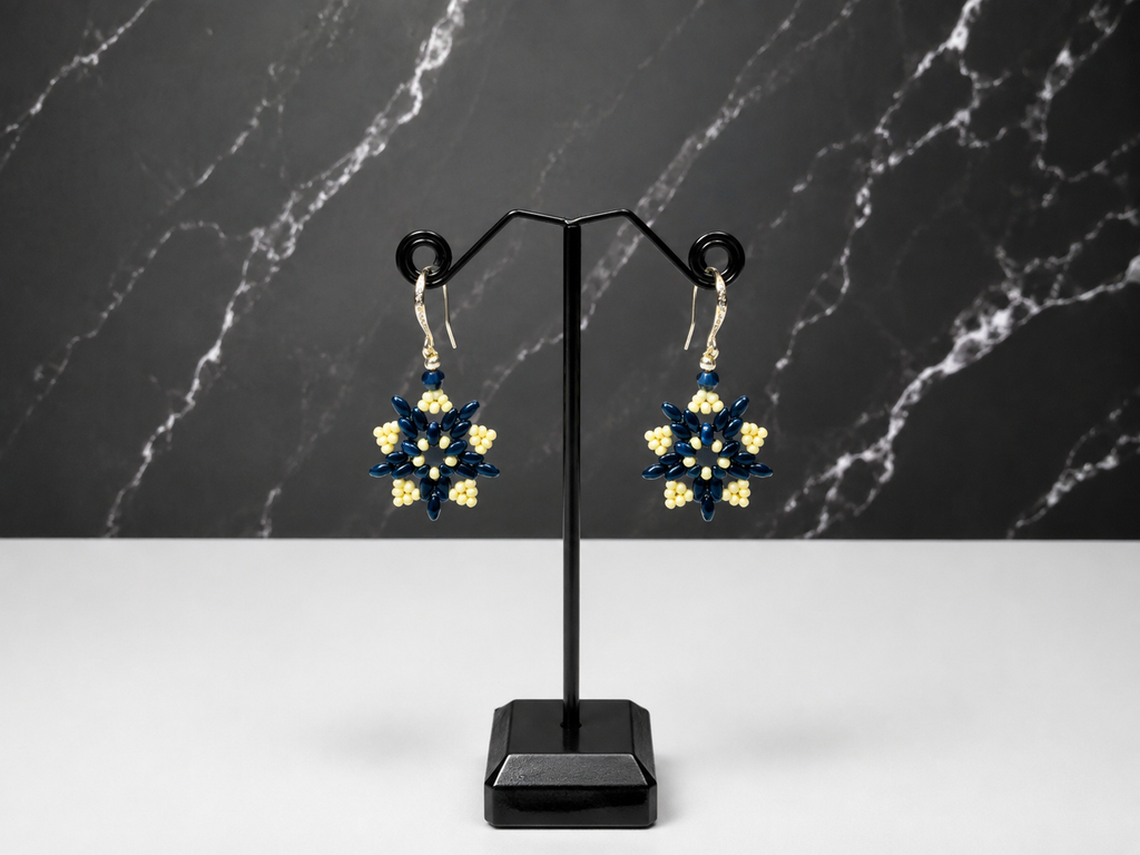Blue & Cream Natural Hematite Winter Flower Earrings