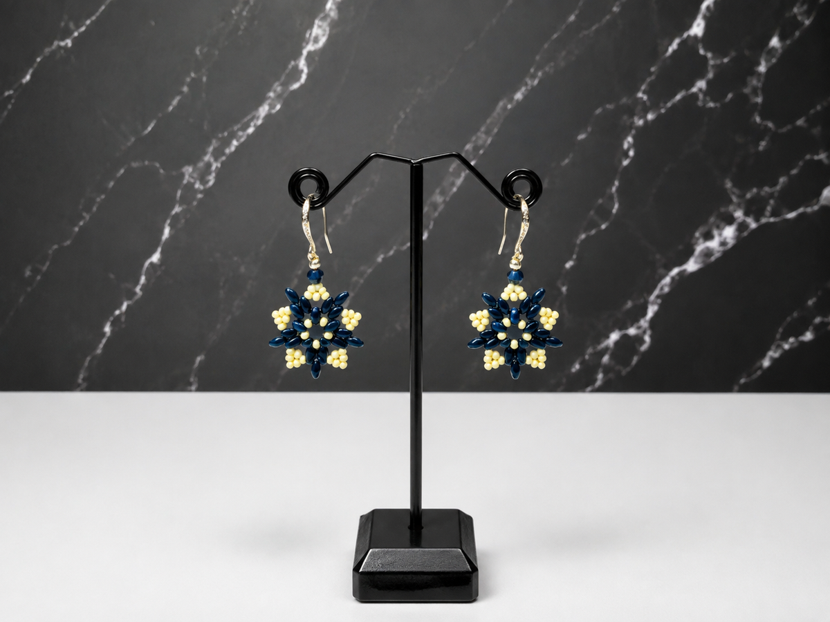 Blue & Cream Natural Hematite Winter Flower Earrings