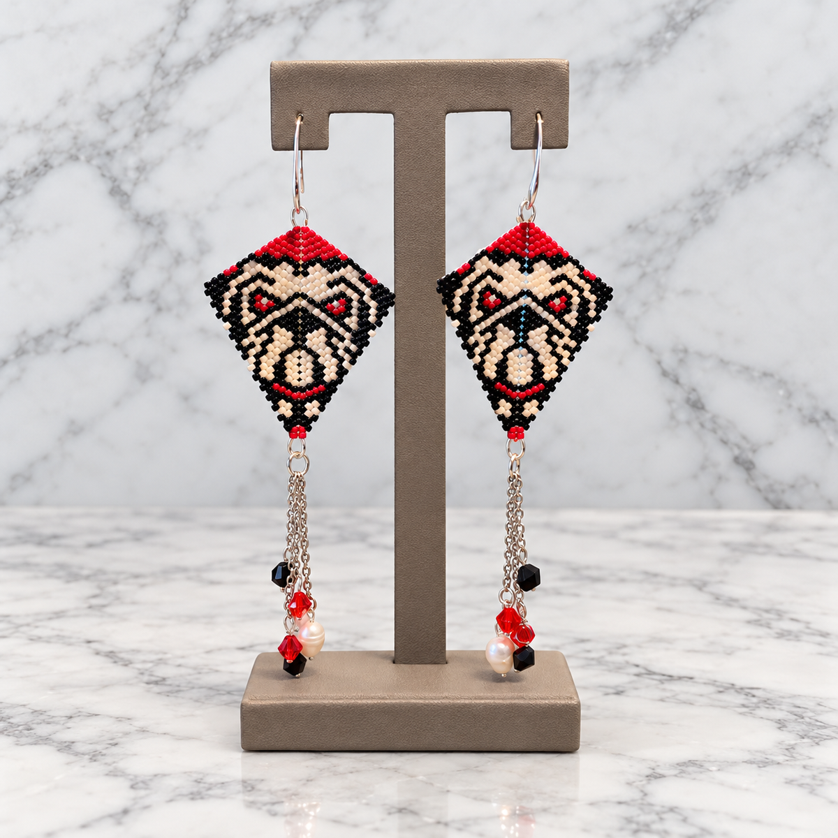 Red & Black Beaded Bulldog Earrings
